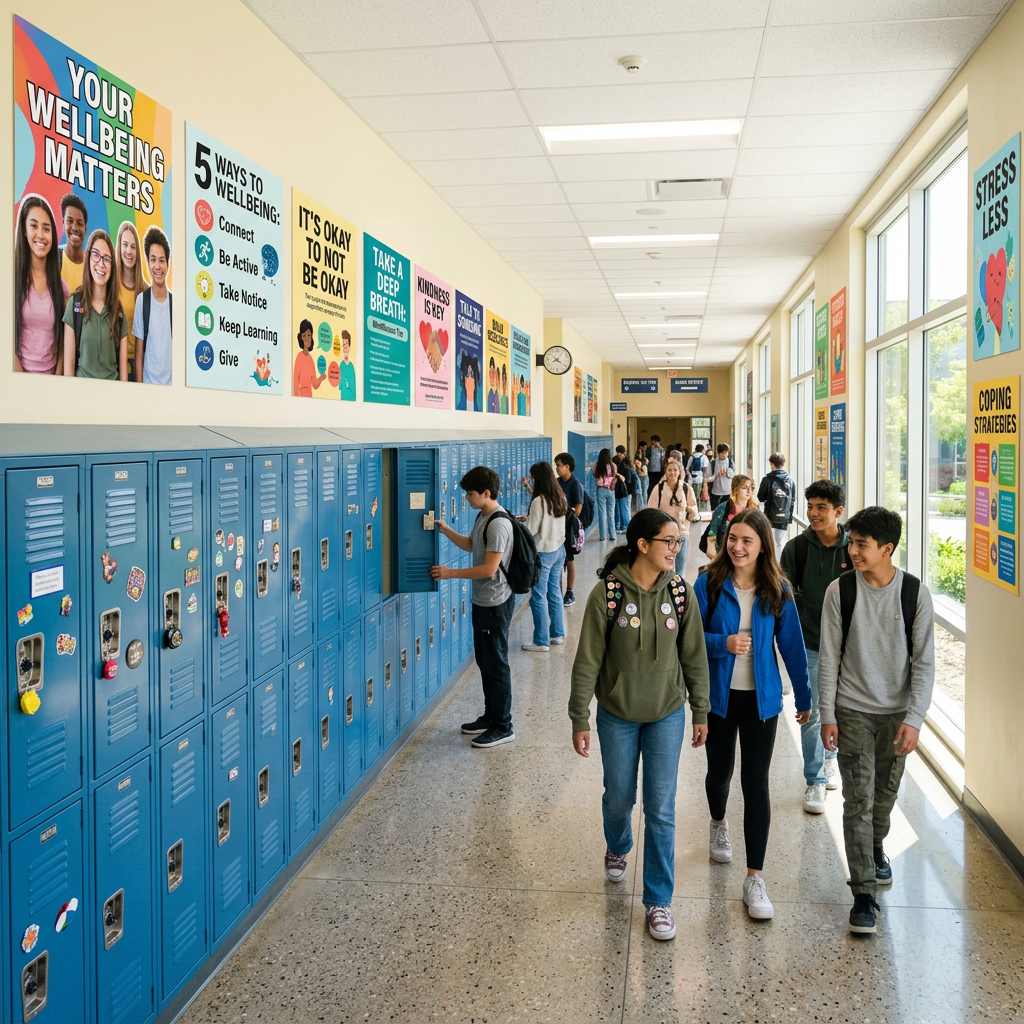Students in a school hallway with blue lockers and wellbeing posters on the walls