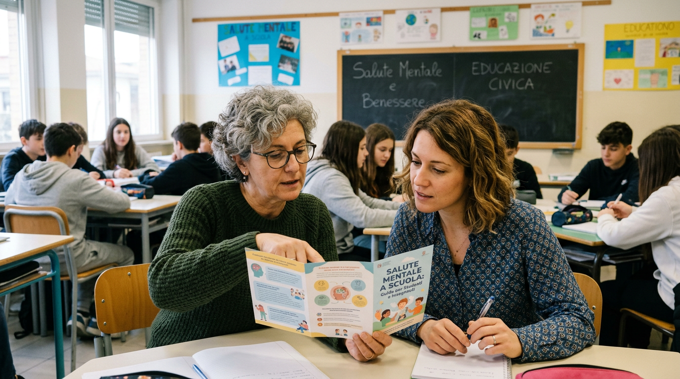 Two women reviewing a mental health education brochure in a classroom