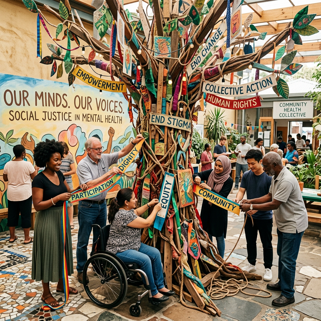Diverse group decorating a tree with banners like 'End Stigma' and 'Community' in a mental health event